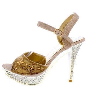 Gold Glitter Bronze Rhinestone Open Mary Jane Heel Pump